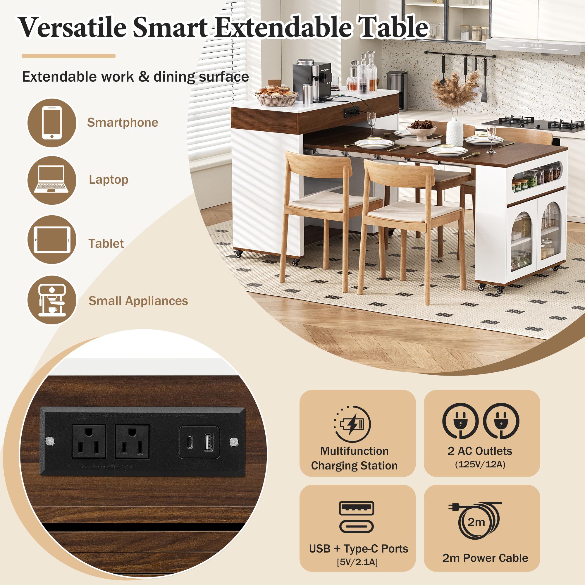 TREXM Extendable Dining Table with Extra-Long Folding Top Rolling Kitchen Island with Drawers Power Outlet Brake Lock Storage Cabinet for Kitchen Dining Room Walnut Creamy White Combo Item