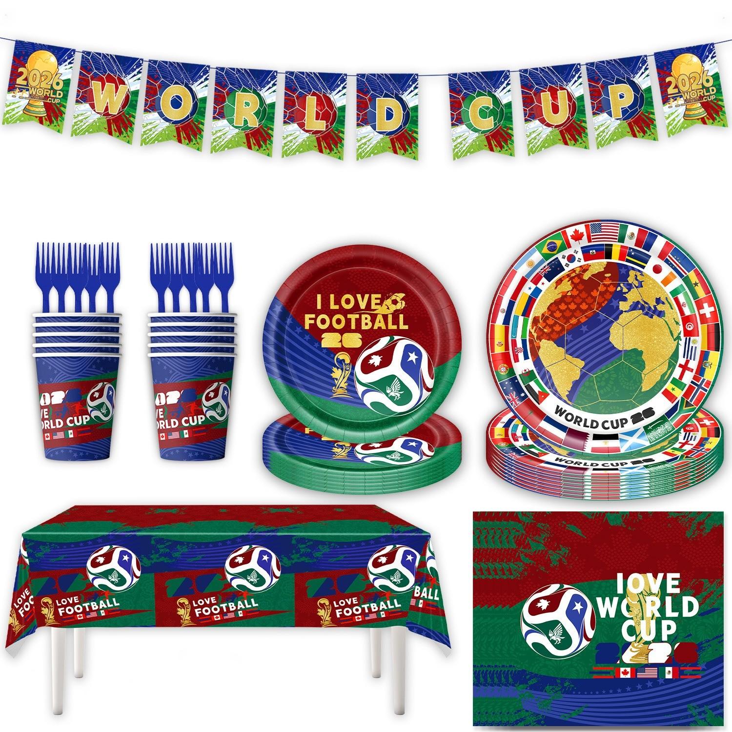 World Cup Football Theme Party Supplies Set, Paper Plates, Napkins, Tablecloth, Banner, Decorations, Balloons, Perfect for Celebrations