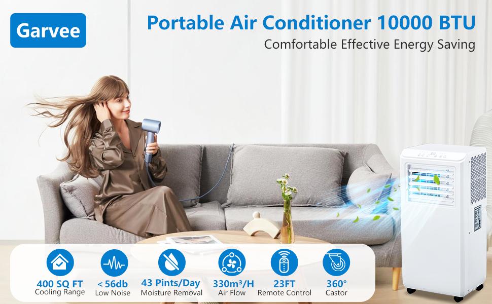 GARVEE 3-in-1 Portable Air Conditioner with Remote Control, 10000 BTU(ASHRAE)/6500 BTU(SACC), Portable Fan, Dehumidifier Modes, Installation Kit for 450 Sq.Ft Home, Room, Office