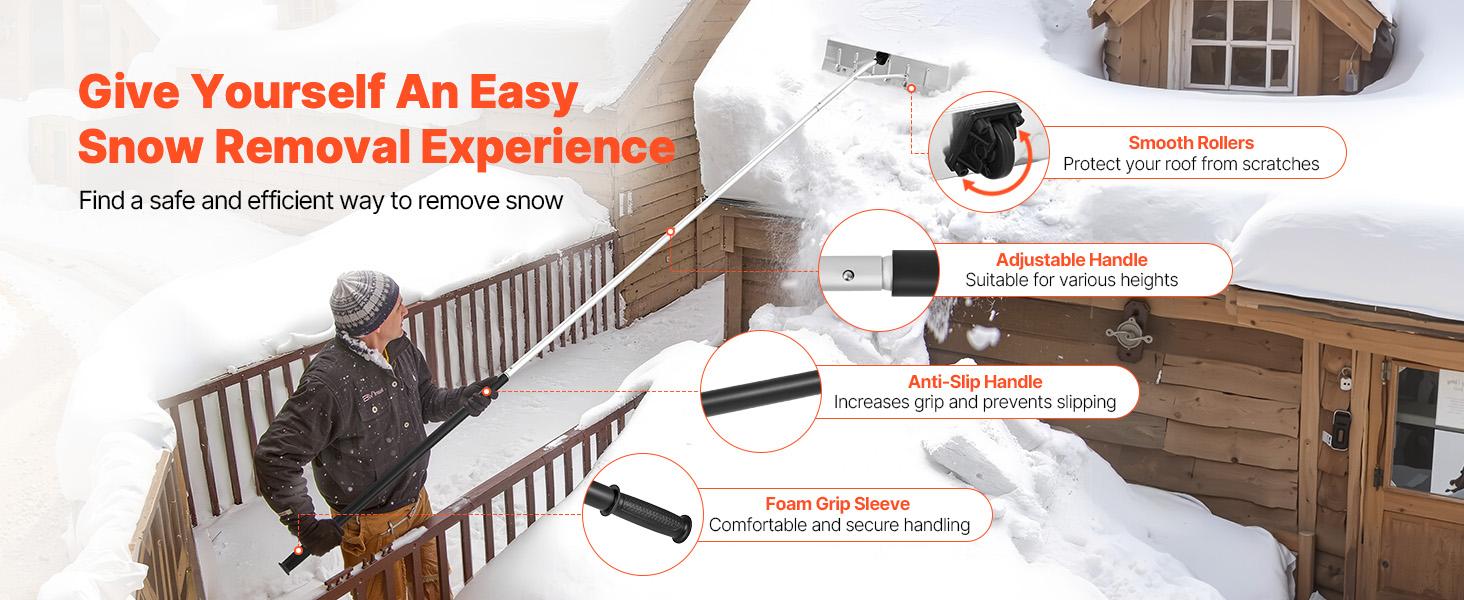 VEVOR Snow Roof Rake, 26 in Aluminum Blade, 7.5-20 ft Adjustable Roof Snow Scraper with Wheels, Anti-Slip Handle Snows Removal Tool, Lightweight House Rooftop Rake for Leaves Debris Removal