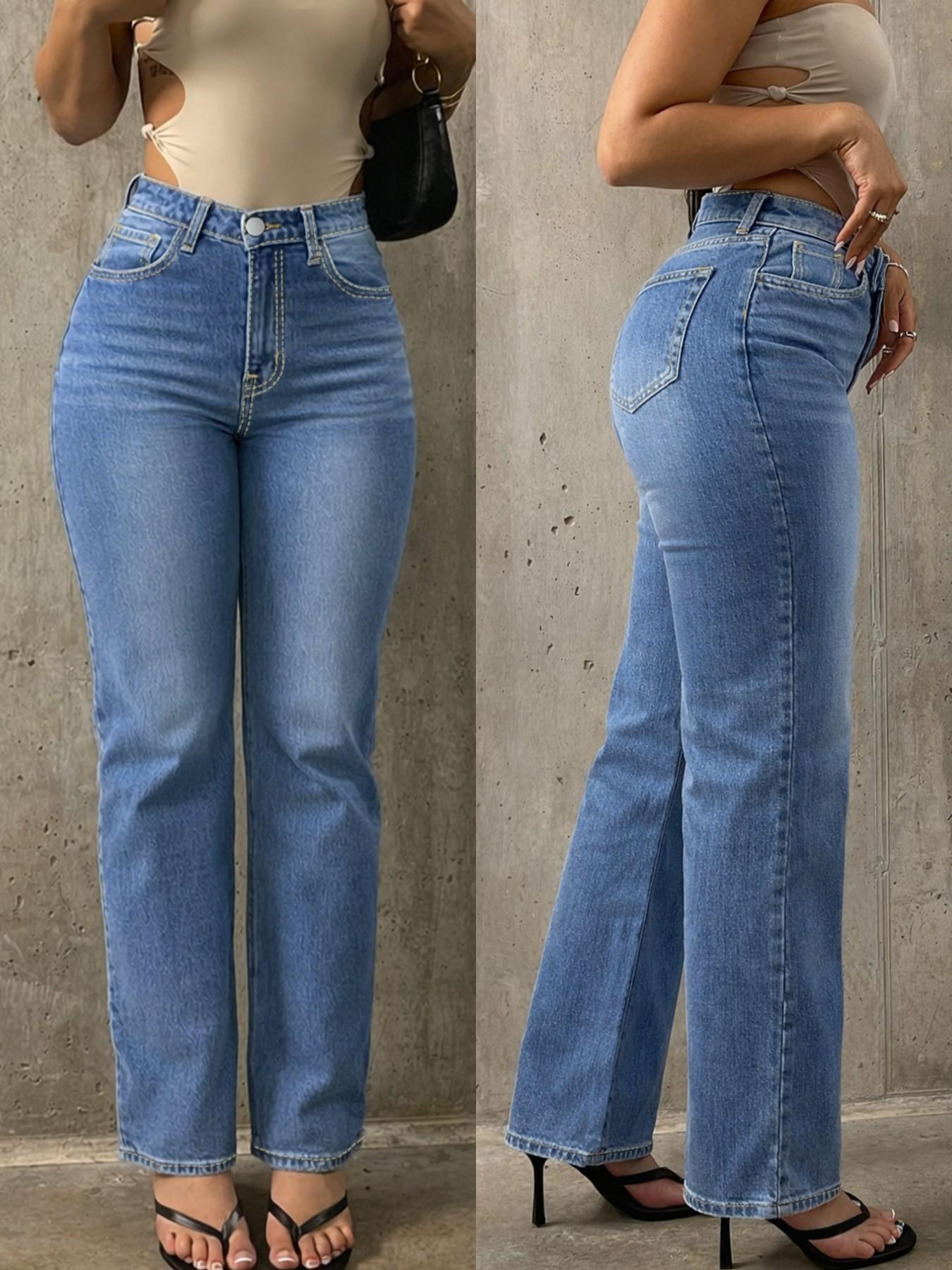 Spring Summer Fashion Casual Fitted Light Blue Denim Straight Leg Pants for Women, Comfortable Elastic Waist Jeans for Daily Wear Womenswear