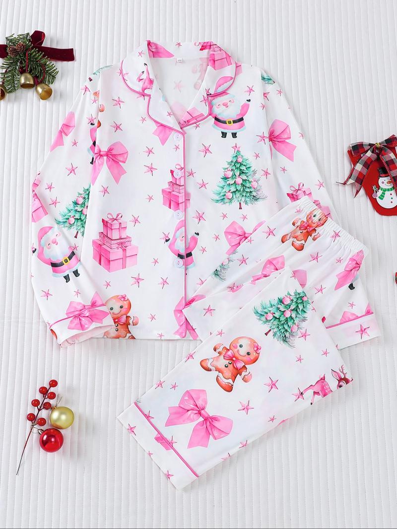 Christmas Limited Edition Pink Santa Claus Pattern Children's Skin-Friendly Sleepwear Two-Piece Set, Flameardant Fabric Comfortable Autumn and Winter Thin Collar Shirt Long Sleeve Pants Set, Sweet Pink Print with Christmas Santa Cl, Pajamas Christmas
