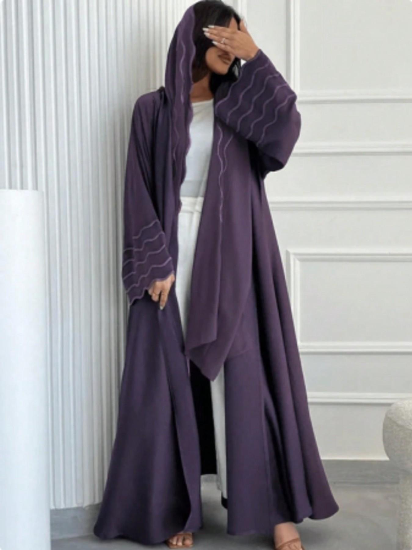 Hafizah Simple Line Embroidered Long Commuter Cardigan Set, Flowy Outerwear + Headscarf Two-Piece Set, Daily Commute Elegant Women's Clothing