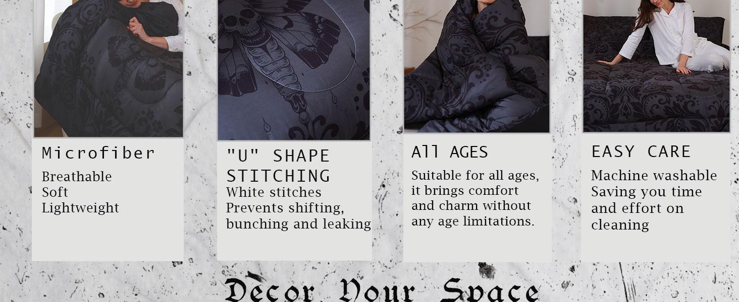 Gothic Comforter Set,Black Damask Comforter,Death Moth Bohemia Boho Luxury Bedding Set,Goth Skull Duvet Set,Vintage Victorian Baroque Floral Quilt Set