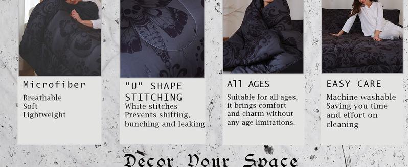 Gothic Comforter Set,Black Damask Comforter,Death Moth Bohemia Boho Luxury Bedding Set,Goth Skull Duvet Set,Vintage Victorian Baroque Floral Quilt Set