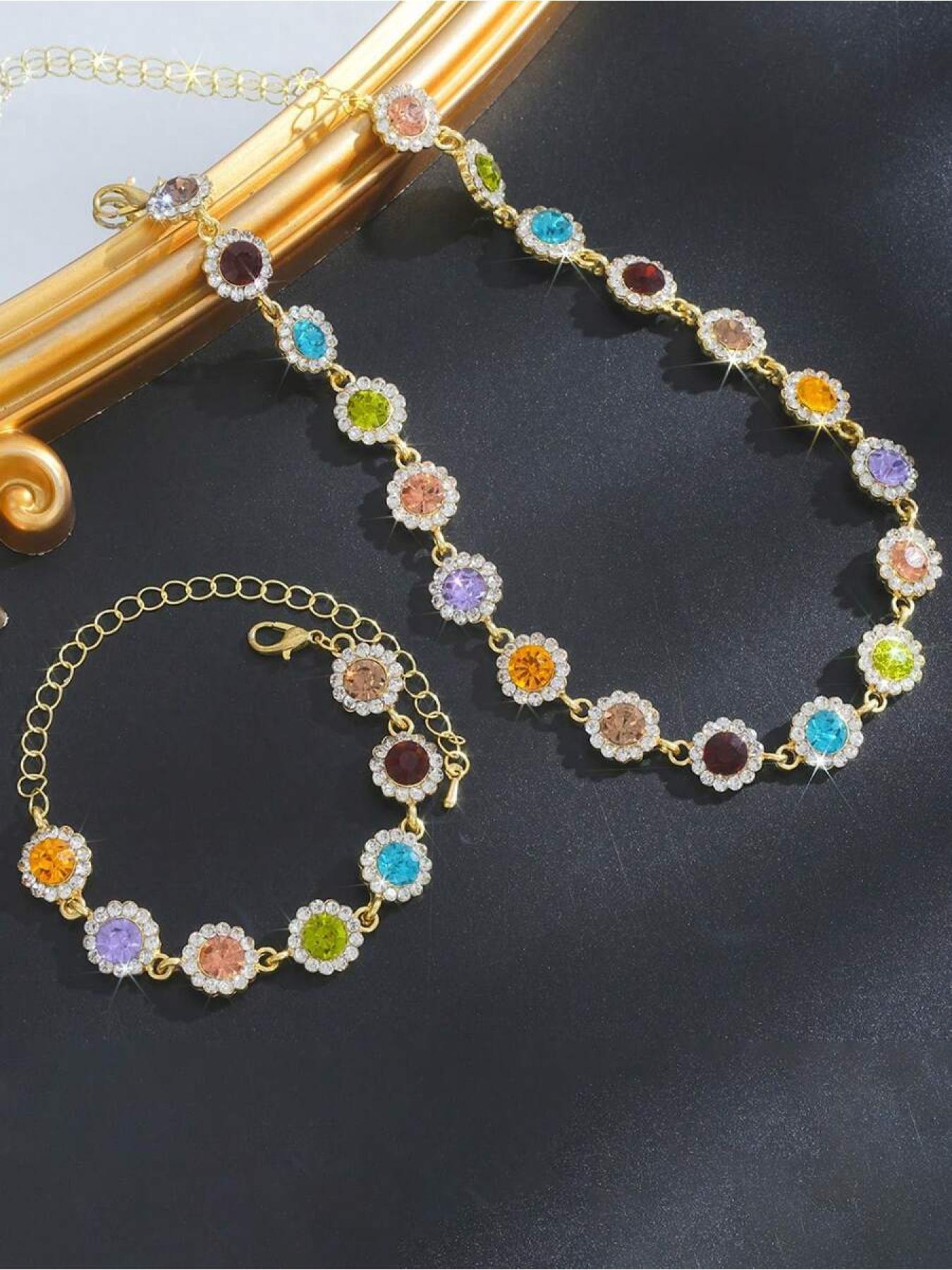 Rainbow Gemstone Jewelry Set, Necklace and Bracelet with Multicolor Gems and Crystal Accents, Perfect for Music Festivals and Parties