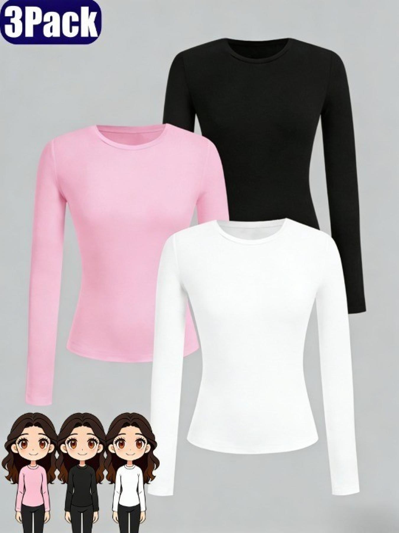3-piece set of girls' solid color basic round neck knitted long sleeved T-shirt, slim and comfortable, machine washable, soft and skin friendly, Soft and gentle, practical for daily leisure, suitable for both school and outdoor use