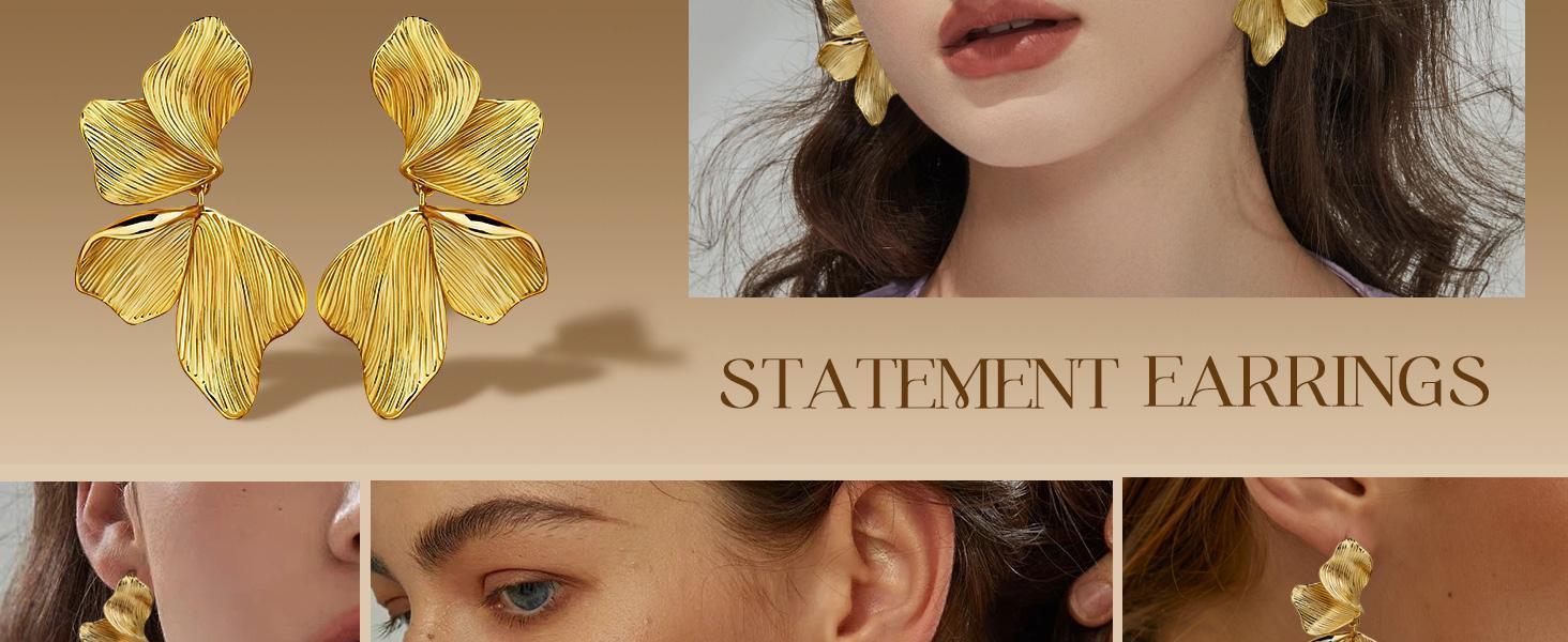 Statement Earrings For Women 18K Gold Plated Sectored Flower Leaf Shell Angel Wing Earring Large Stud Earrings Hypoallergenic Stud