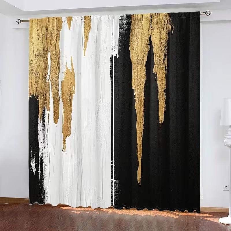 2 pieces of abstract printed curtains with gold dots pattern, made of polyester and semi-transparent, machine washable, suitable for bedrooms, living rooms and home decoration.