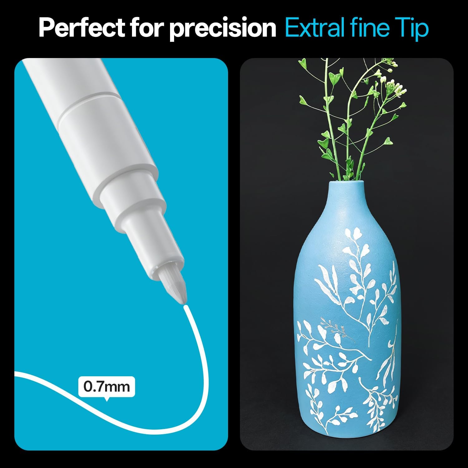 White  Markers Pens, 5 count Extra Fine Tip 0.7mm White Permanent Marker for Highlights and Fine Details  Drawings, Rock Painting, Ceramic,Metal,Glass Fabric,Plastic,