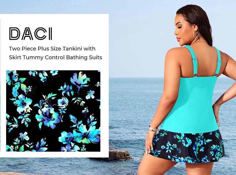 Daci Plus Size Tankini with Skirt - Women Two Piece Swimsuits Tummy Control Bathing Suits Scoop Neck Swimwear