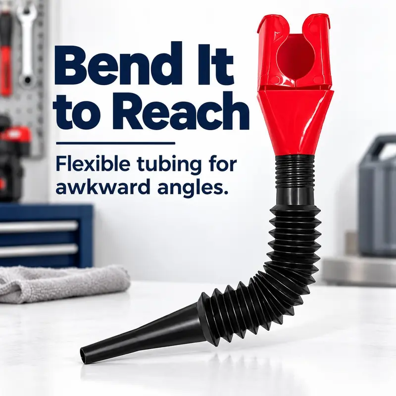 Clip-on flexible oil funnel guiding oil from a bottle into an engine fill opening