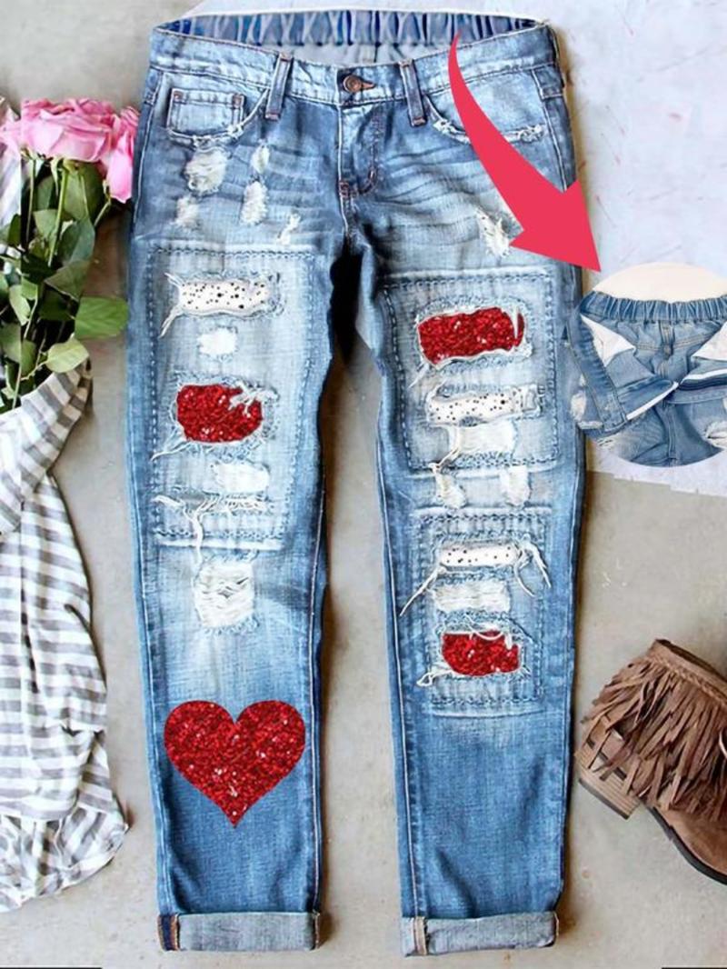 Women’s Ripped Patch Boyfriend Jeans with Multiple Cute Prints Loose Washed Denim Mid-Waist Elastic Waist Breathable & Comfy