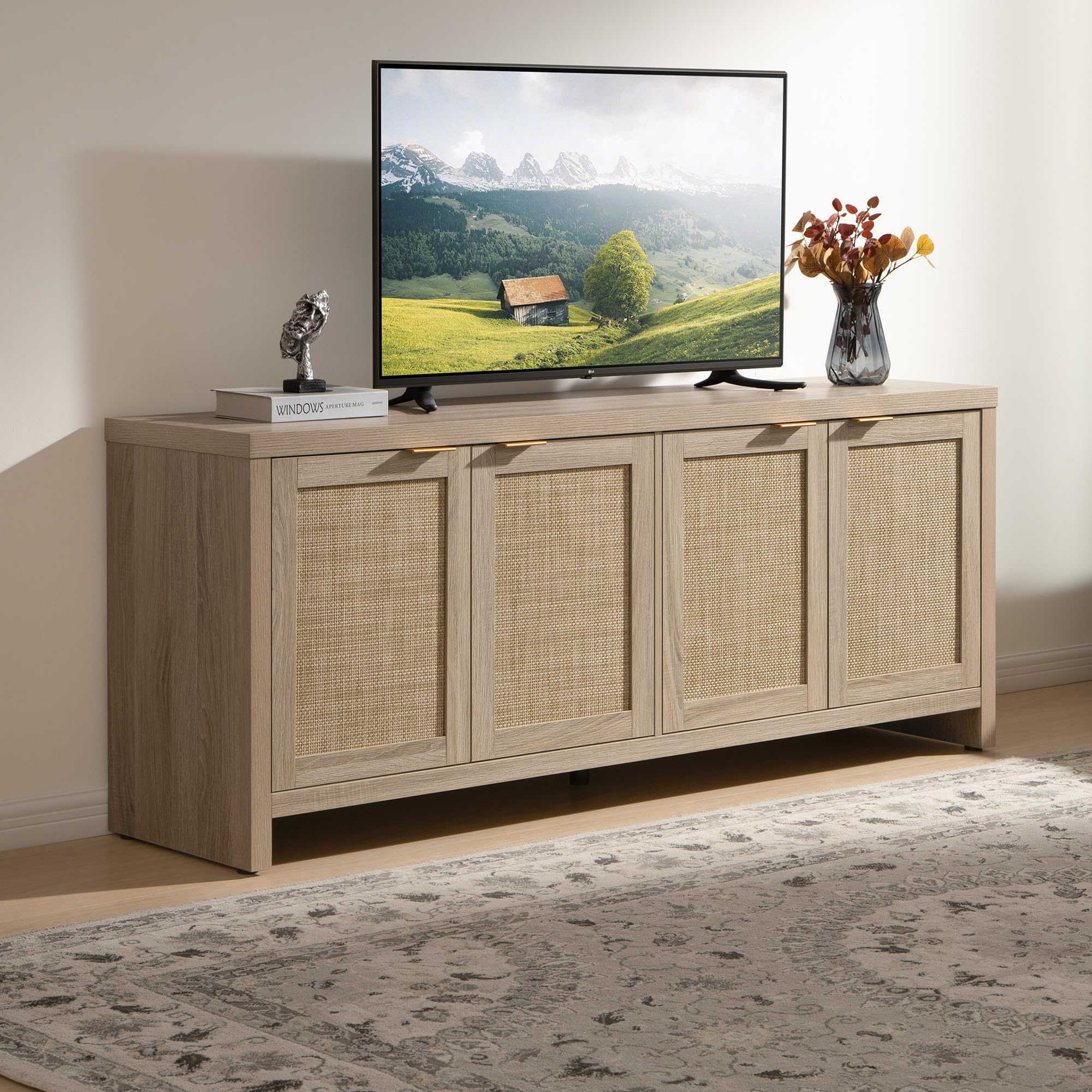 SICOTAS TV Stand for Living Room Boho Entertainment Center for Bedroom with 4 Rattan Cabinets Farmhouse Television Stands with Storage Large Wood Media Console Table for TVs up to 45 50 55 60 65 Inch