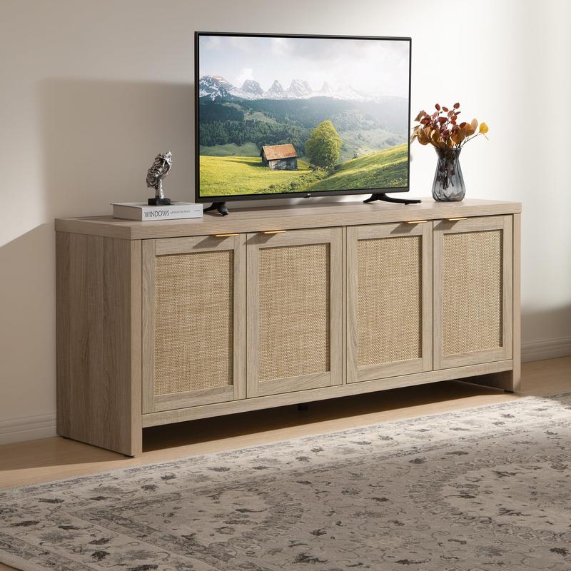 SICOTAS TV Stand for Living Room Boho Entertainment Center for Bedroom with 4 Rattan Cabinets Farmhouse Television Stands with Storage Large Wood Media Console Table for TVs up to 45 50 55 60 65 Inch