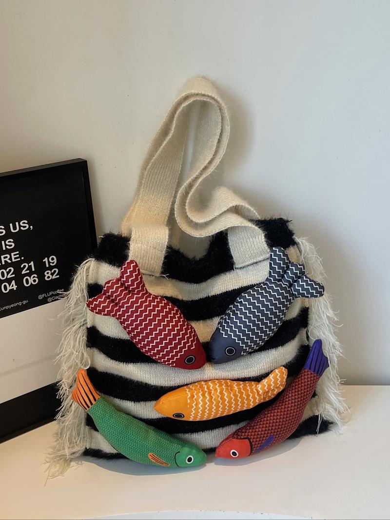 Stylish Rainbow Color Women's Knitted Bag with Colorful Fish Pattern, Versatile Shoulder Bag for Work, Shopping, Outings and Daily Use