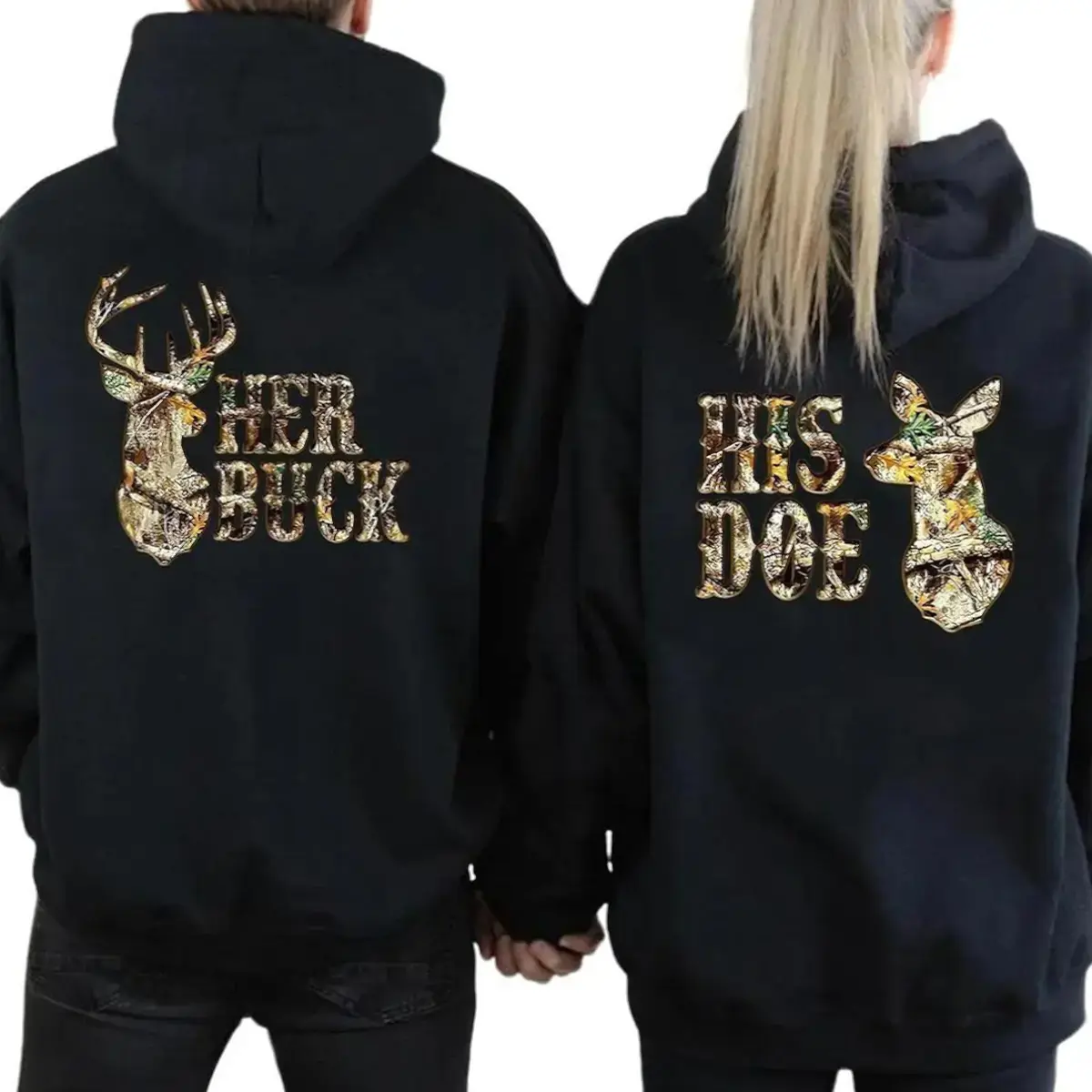 Hunting Couples Matching Hoodie |   Sweatshirt |   T-Shirt, Her Buck His Doe Camo Graphic Pullover, Men & Women Outdoor Deer Sweatshirt, Classic Couple Matching Outfit