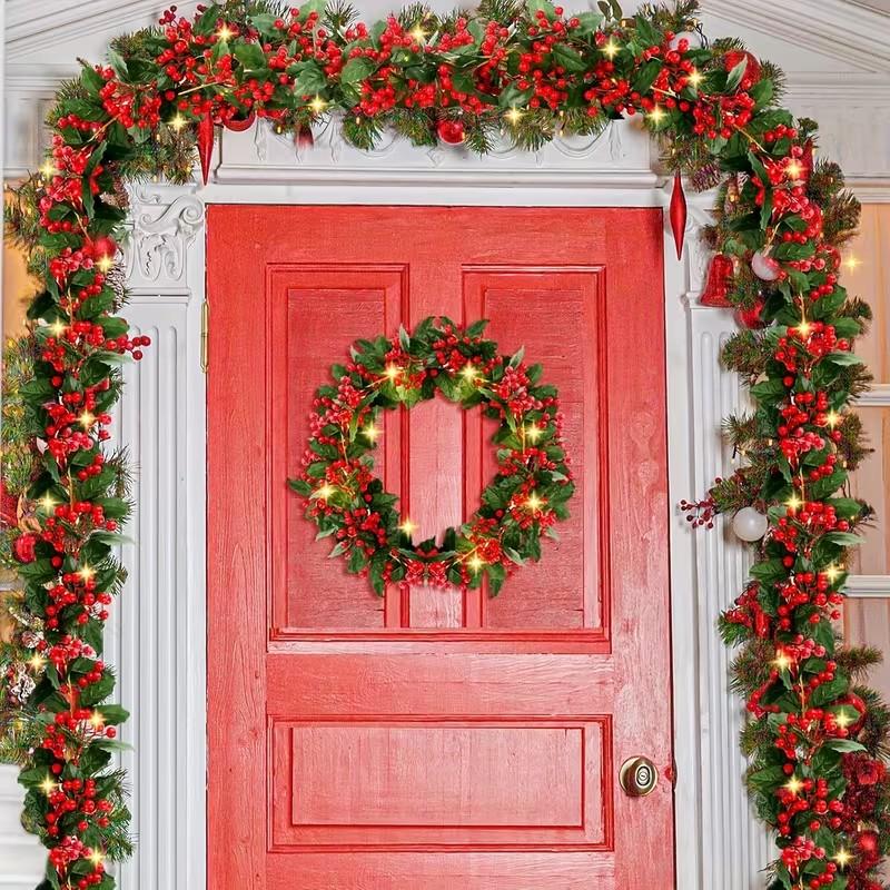 Artificial Christmas Wreath with Ivy & Holly Berries, Red Berry & Foliage Wreath for Fireplace, Staircase & Shelf, Indoor & Outdoor Decor for Christmas, New Year & Wedding, Battery-Free, Easy to Hang & Washable