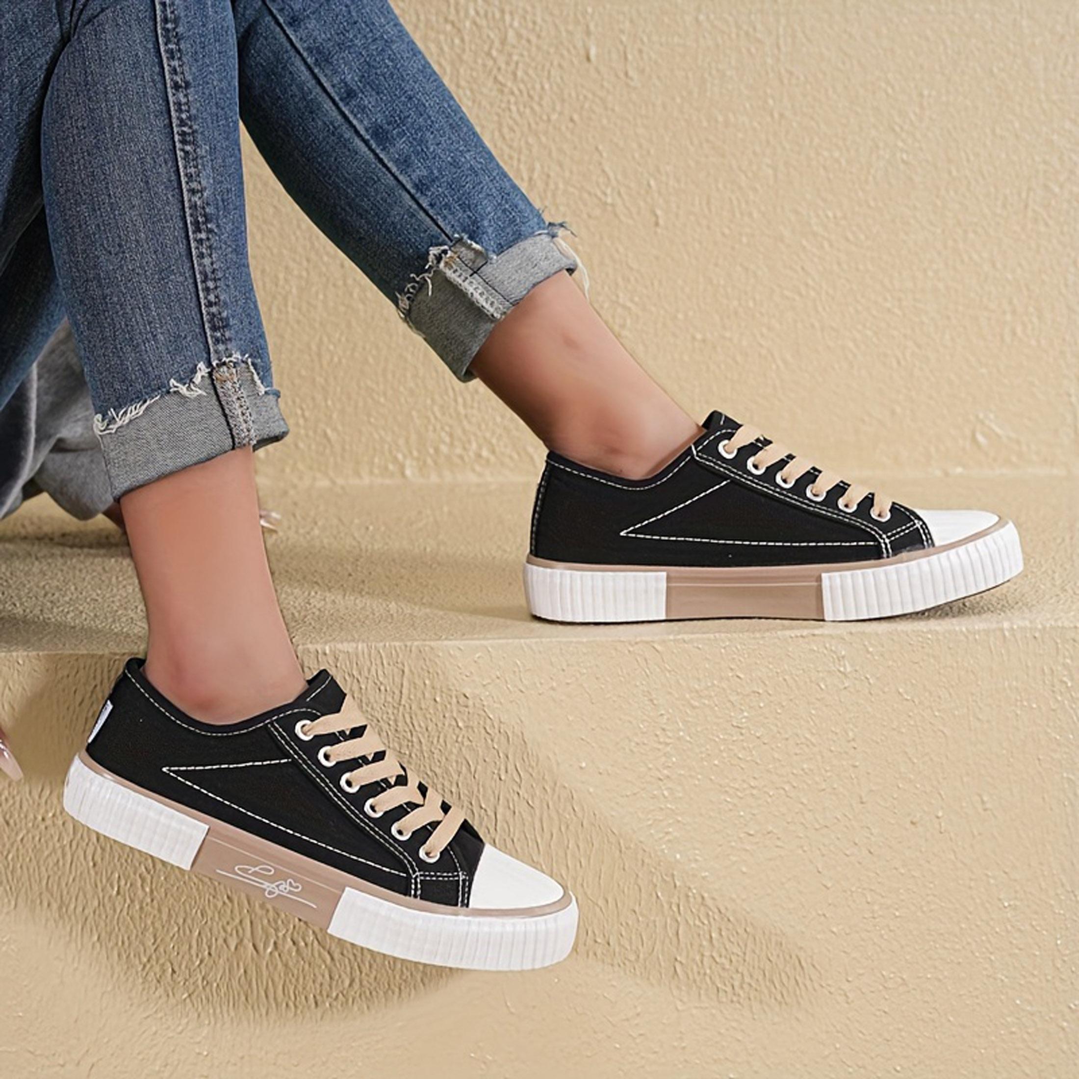 Women's Casual Fashion Sneakers Low Top Round Toe Lace-Up Shoes, Fabric Upper & Inner, Rubber Sole Flat Sports Footwear