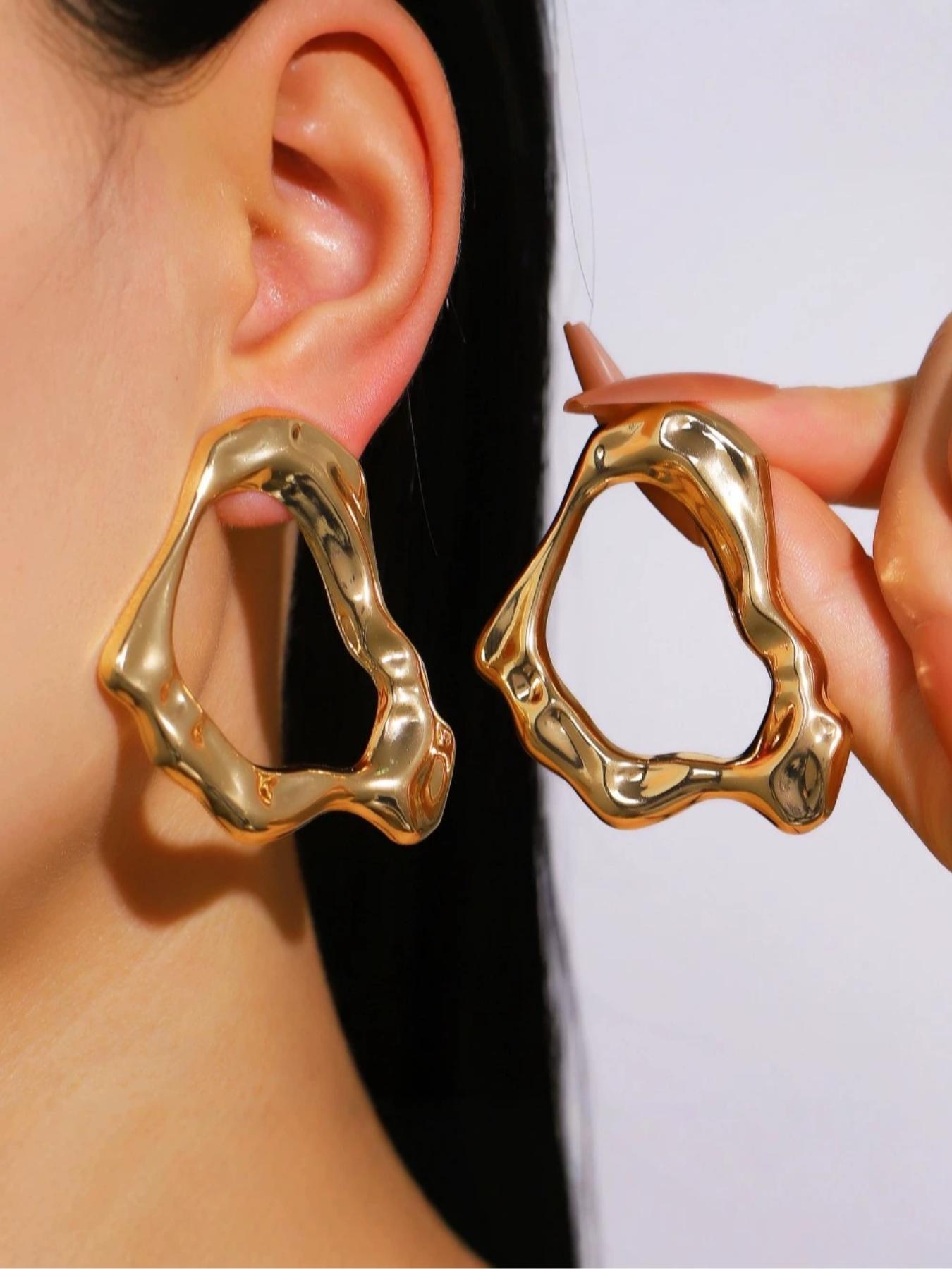 Irregular Metal Lava Earrings Necklace, Vintage Bold Style, 18k Gold Plated, Geometric Design, Fashion Blogger Accessory, Beach Vacation Jewelry