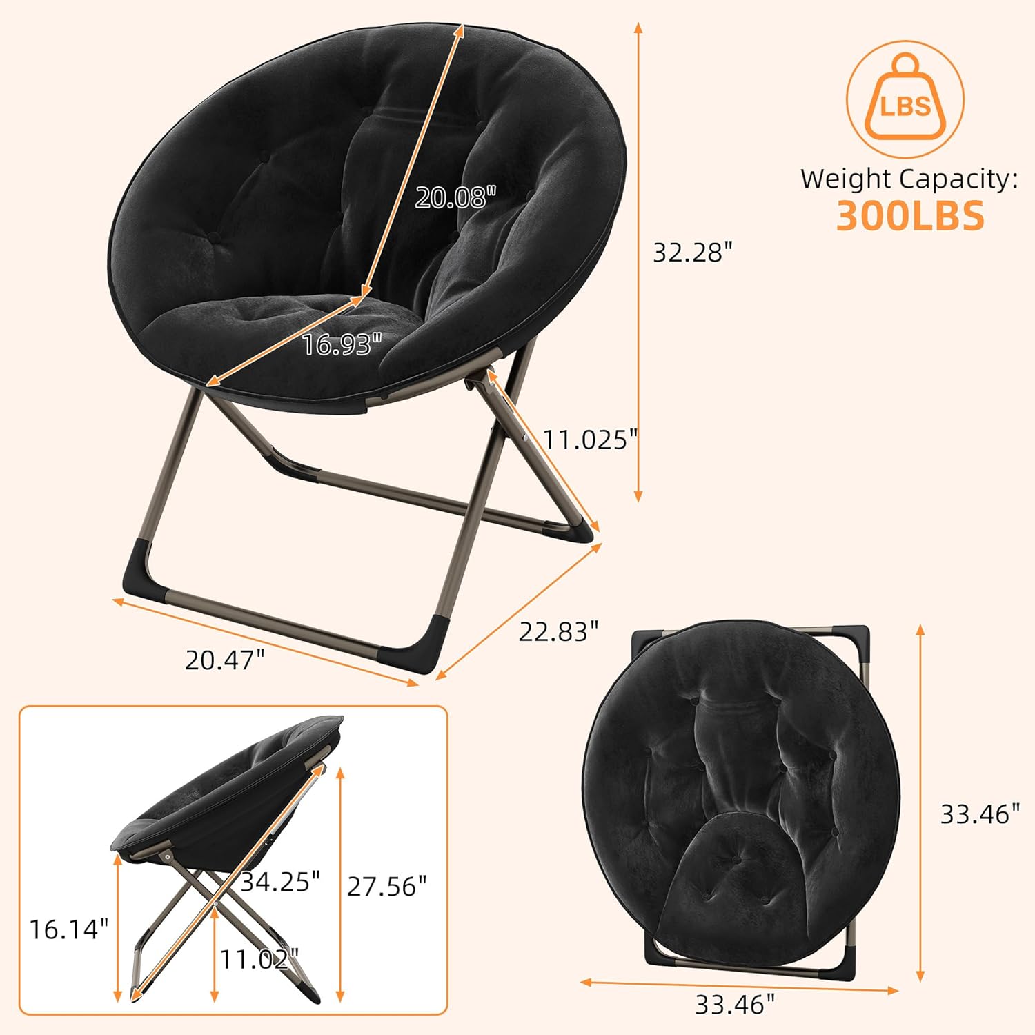 Comfy Oversized Saucer Chair, Soft Faux Fur Folding Moon Chair, Thick Padded Reading Lounge Chair with Stable Metal Frame for Living Room, Dorm, Office