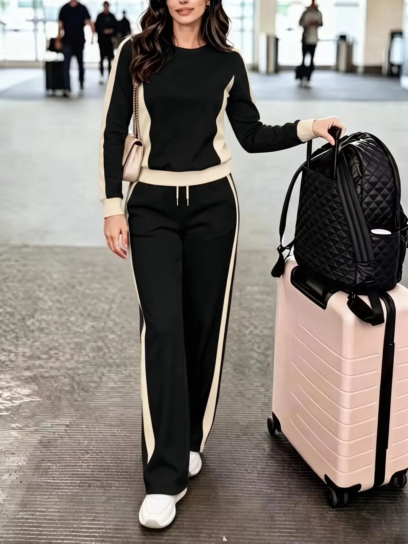 Women's Fall Winter Knit Patchwork Long Sleeve Set, Colorblock Design, Baggy, Comfortable Fit, Casual Daily Wear, Office