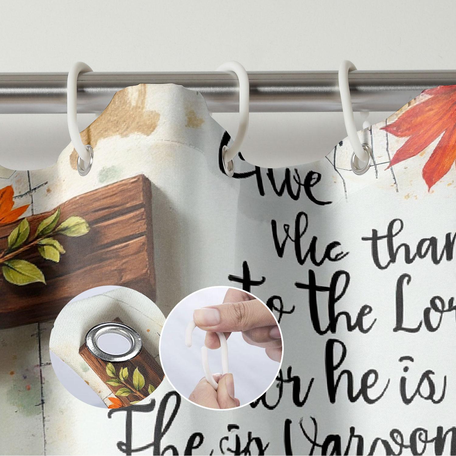 1/3/4PCS Thanksgiving Rustic Cross Flowers Pumpkins Shower Curtain Set with Rugs, Non Slip Bath Mat, U-Shape Carpet, Toilet Lid Cover, Polyester Fabric Bathtub Curtain Accessories, 12 Hooks, Home Bathroom Festival Decor