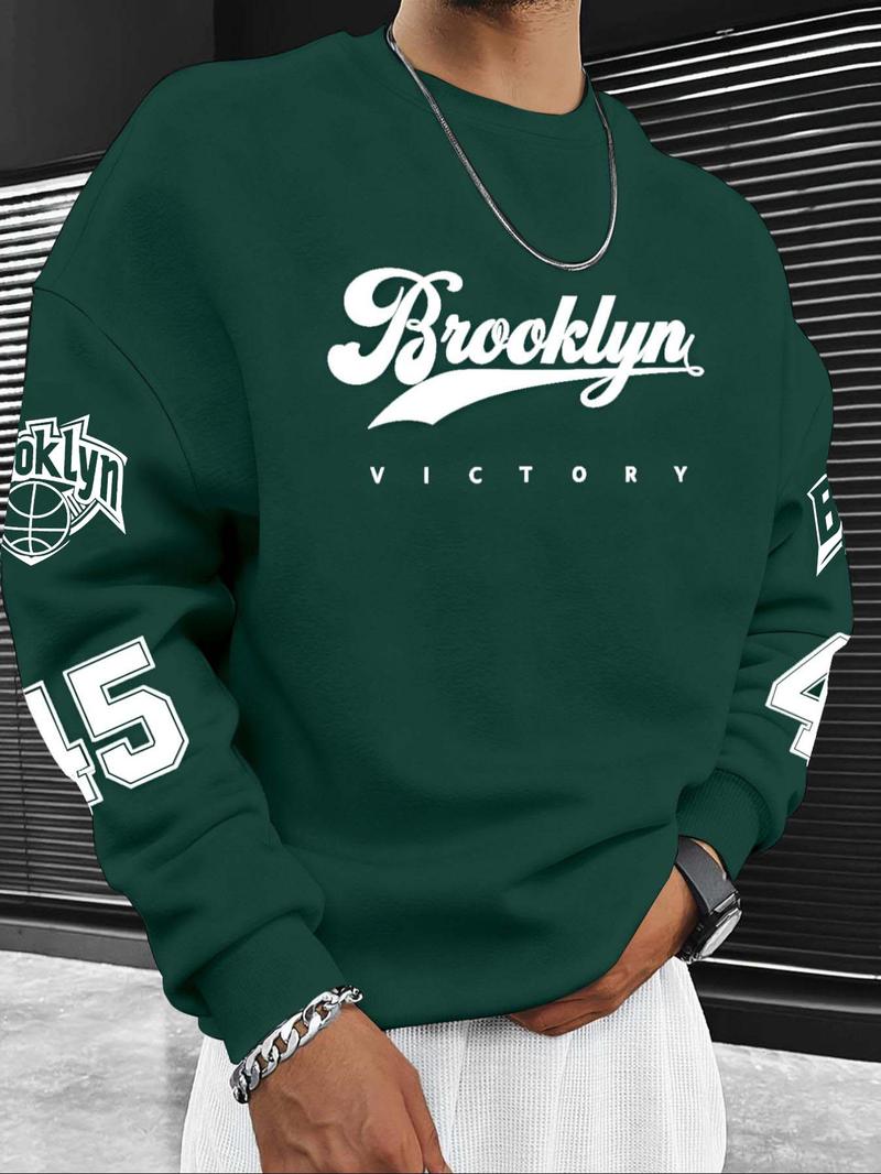 Men's Hot Selling Letter Number Print Fleece Pullover Sweatshirt, Casual Fall & Winter Round Neck Top, Thick Fabric, Fitted Style