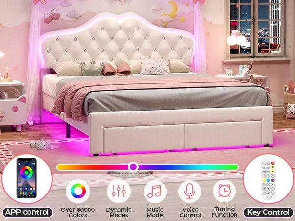Sikaic Full Size Velvet Princess Platform RGB LED Bed with Storage Drawers and Adjustable Crystal Button Headboard Creamy Furniture Luxury Design Cute Sikaic Full Size Velvet Princess Platform RGB LED Bed with Storage Drawers and Adjustable Crystal Button Headboard Creamy Furniture Luxury Design Cute