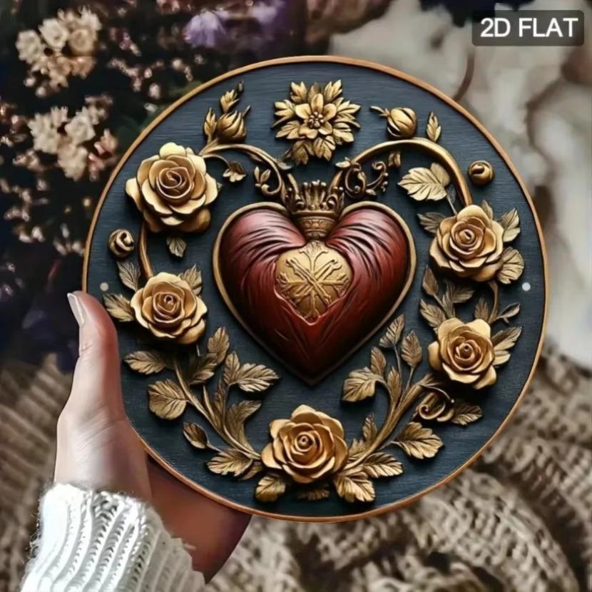 Aluminum Framed Sacred Heart Wall Art in Gold and Burgundy for Elegant Home Living Room Decor