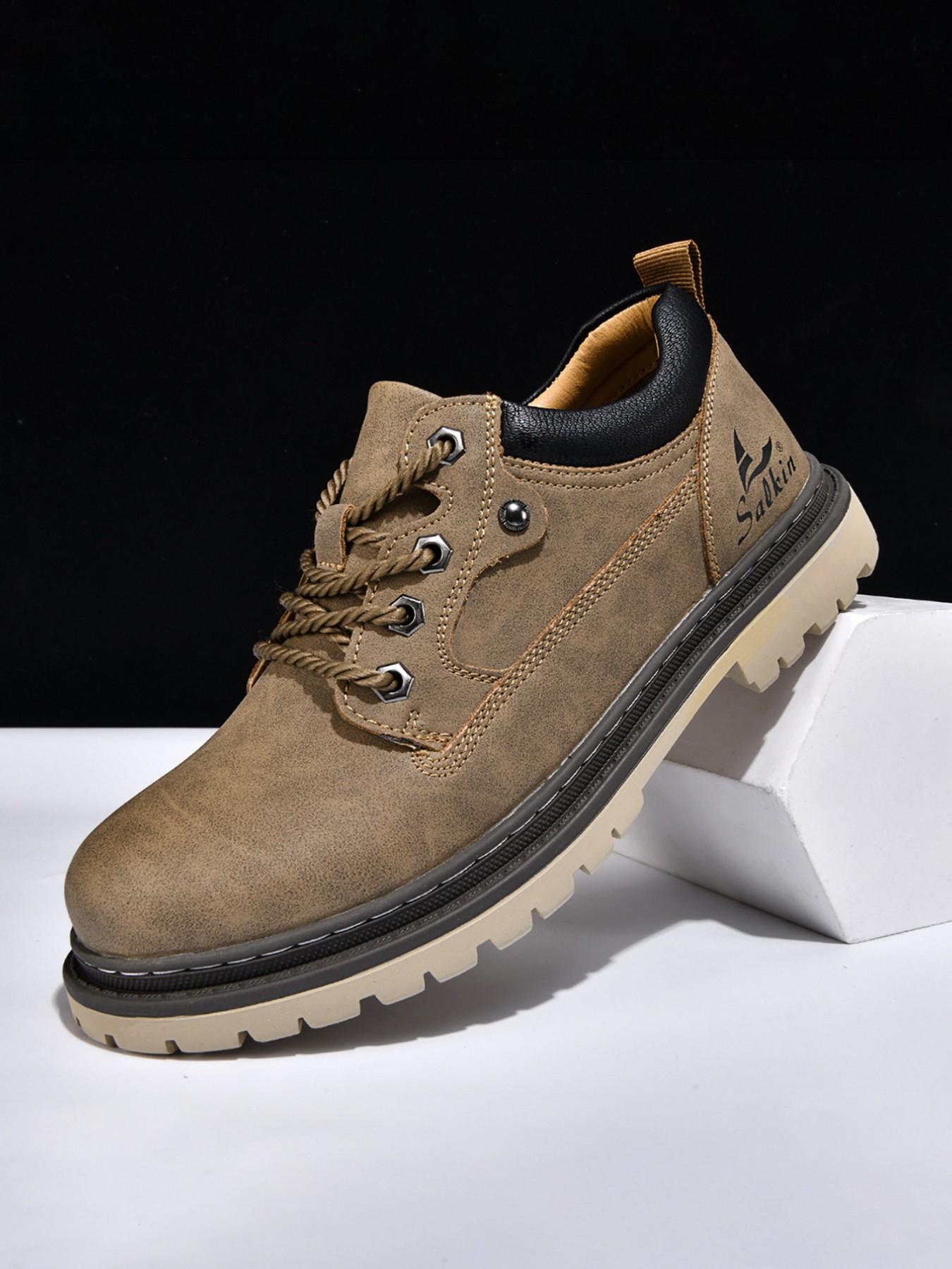 Men's Handmade Casual Boots, Fashionable Lace-Up Low-Top Boots, Suitable for All Seasons Outdoor Hiking and Daily Wear, Thick Sole Comfort