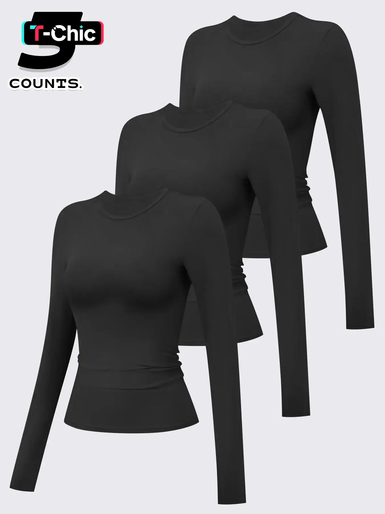 3pcs Women's Compression Training Round Neck Long Sleeve, Sporty Yoga T-Shirt, Activewear Tee, Moisture-Wicking, Fitted, All Seasons