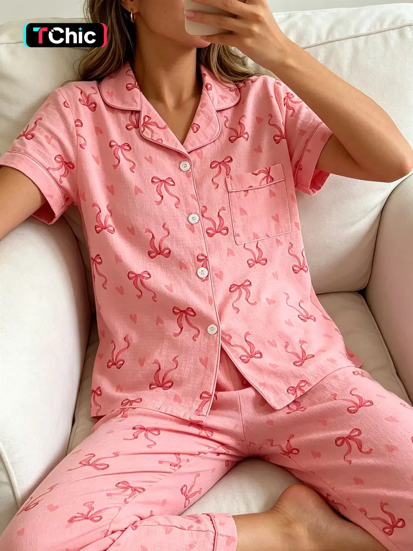 Women's Short Sleeve Button Down Top and Pants Pajama Set, Matching Sleepwear, Nightwear Sleepwear, Loungewear, All Season Wear, For Balletcore Lovers, Light Pink Base Ballet Bow Heart Print, Classic Lapel Collar, Loose Fit, Comfortable For Home & Photos