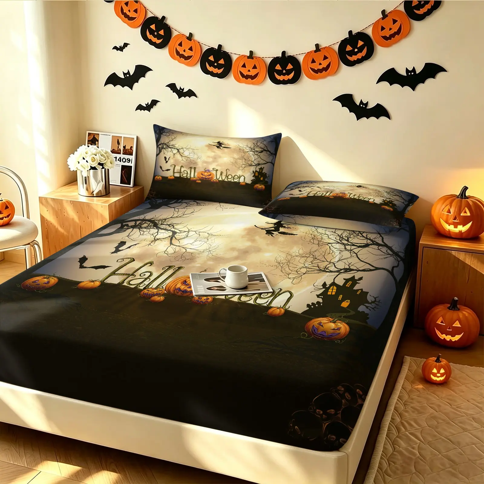 3Pcs Vintage Dark Halloween Scenery Fitted Sheet Set, 1 Fitted Sheet & 2 Coreless Pillowcases, Full Moon Flying Witch Pumpkin Ghost Castle Print, Soft Breathable Polyester Bedding, Spooky Halloween Decor