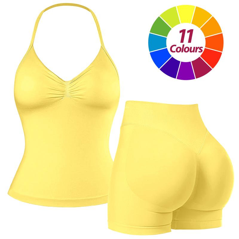 RICH BRIA Women's Seamless Halter Tank Top with High Waist Shorts Set for Yoga and Fitness, Breathable & Comfortable Activewear Summer Two-Piece Set