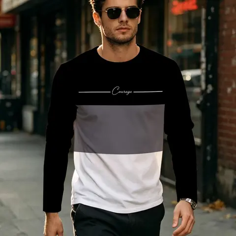 Men's Casual Sporty Round Neck Long Sleeve T-Shirt, All over Print Design, Fall & Winter Fitted Top, Comfortable Daily Wear, Casual Athletic Top