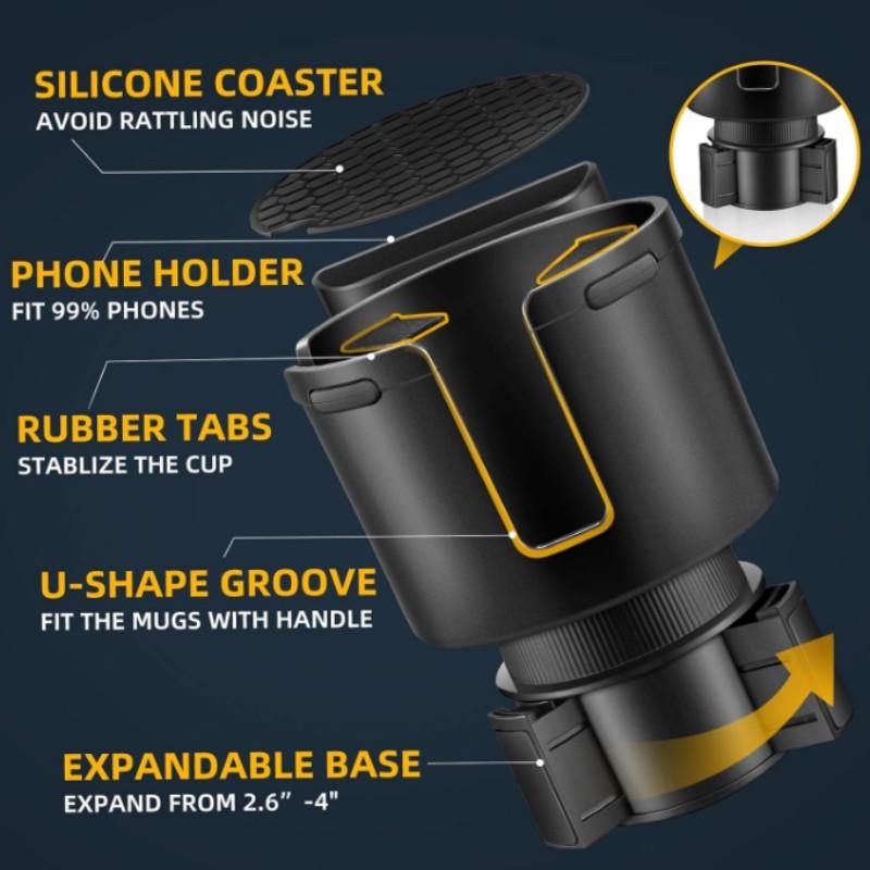 Car Cup Holder Expander Set, Adjustable Base, Fits Yeti 24/36/46oz, Hydroflask 32/40oz, 2.7"-4.2" Water Bottles, Phone & Cup Holder