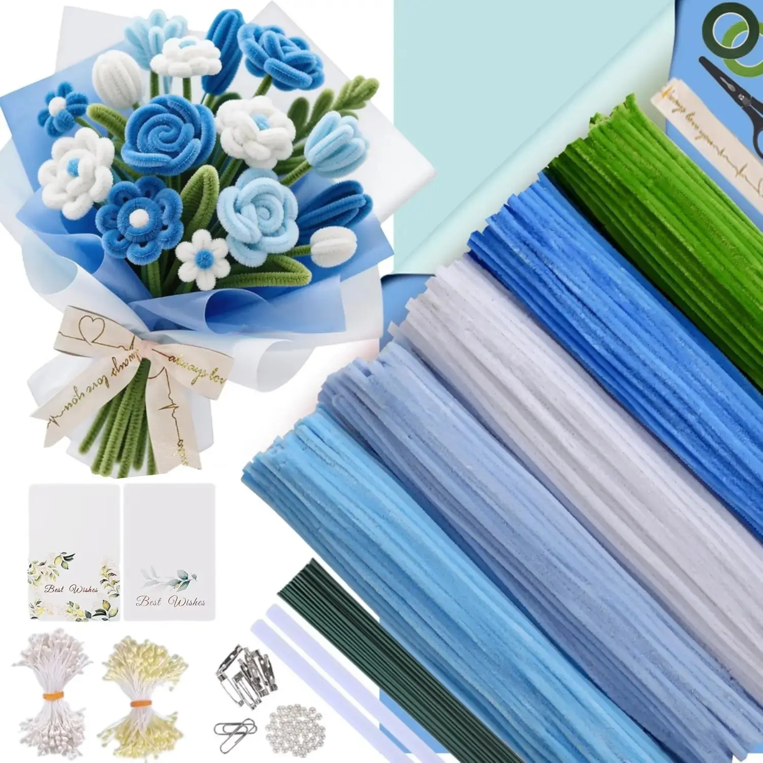 500PCS Pipe Cleaners Craft Kit for Flower Making, DIY Bouquet Set with 8mm Chenille Stems, Floral Wire, Ribbon & Tools for Handmade Gifts and Decor, Blue