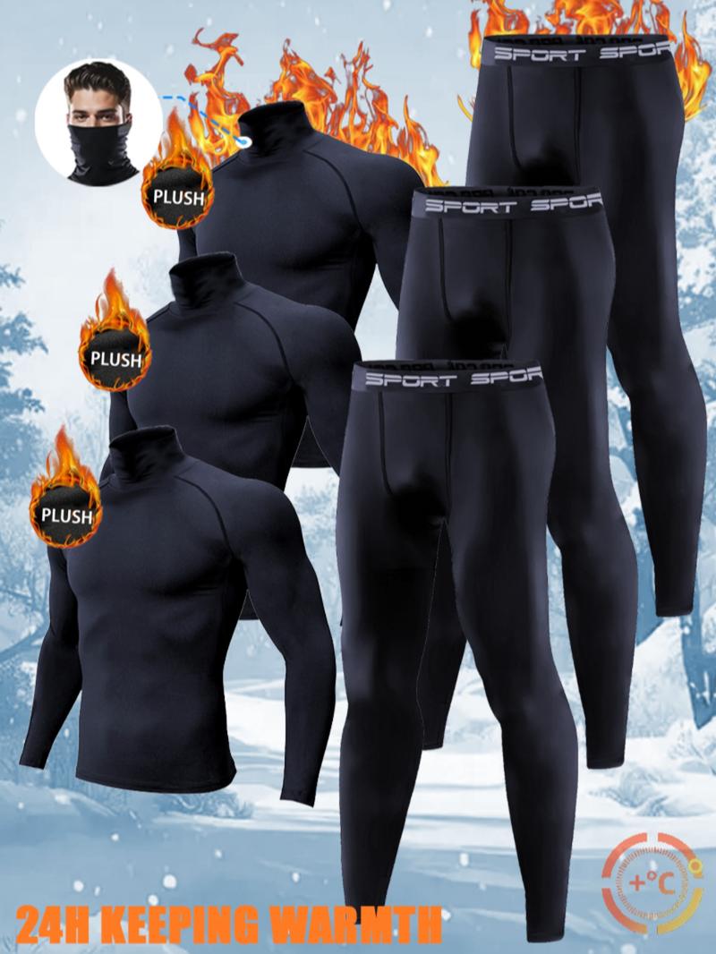 Men's 6-Piece Warm Tech Fleece Base Layer Set, High Neck Tight-Fitting Long Sleeve Top & Pants, Fleece-Lined Sports Underwear, Winter Training, Skiing, Running