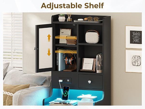 Sikaic Tall Nightstand with Charging Station, Black Bedside Table with Drawers & Glass Door, LED Night Stand with Bookshelf, End Side Table with Storage