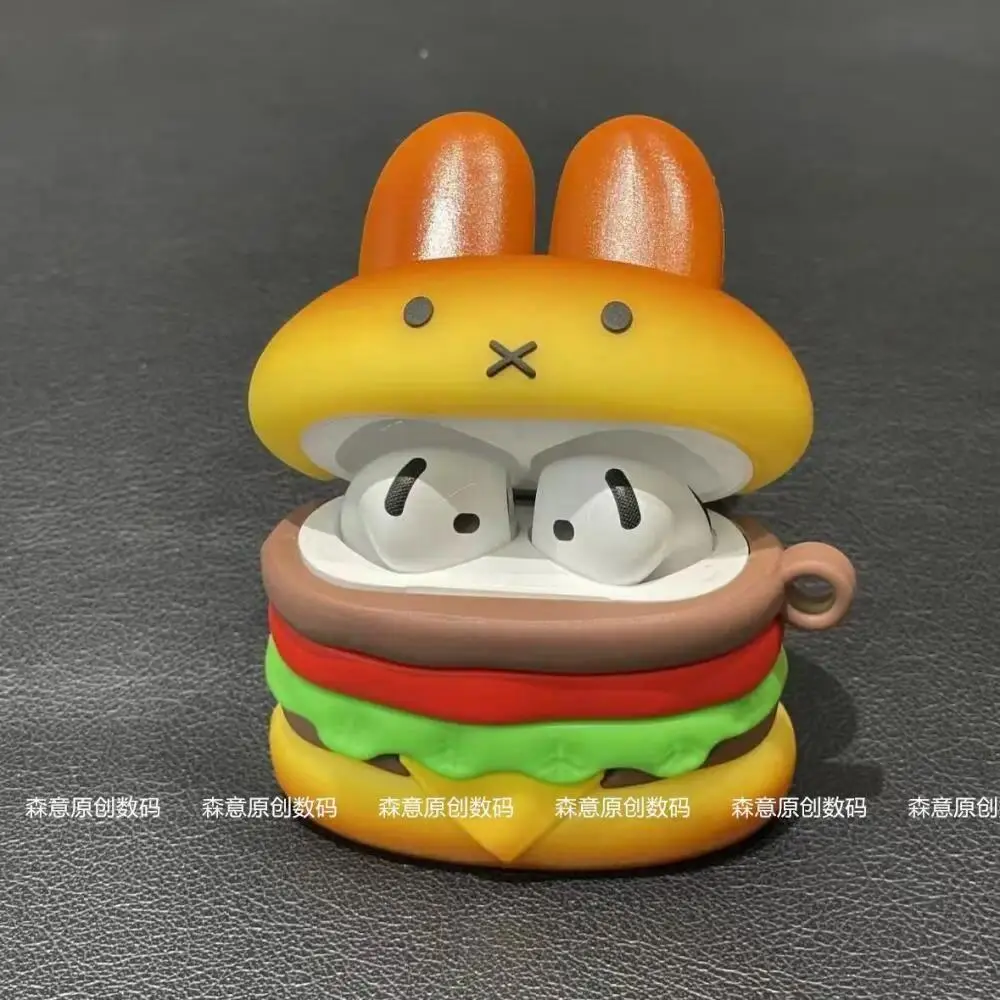 Miffy Burger 3D AirPods Case - Cute Rabbit & Hamburger Shaped Protective Cover Kawaii Earbud Accessory Gift