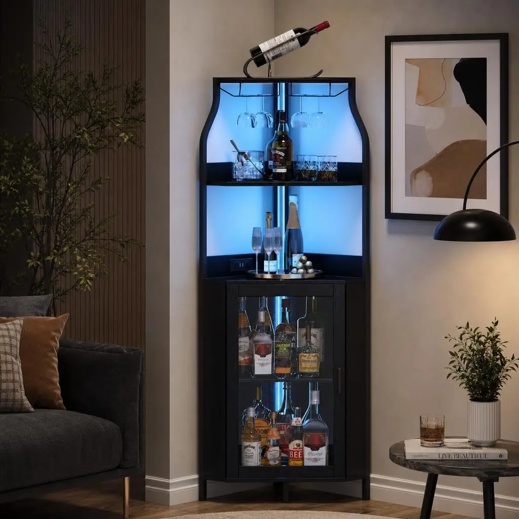 Garvee 5-Tier Industrial Corner Bar Cabinet with Doors, Adjustable Shelves & RGB LED Lights, Home Wine Liquor Cabinet for Kitchen & Coffee Corner