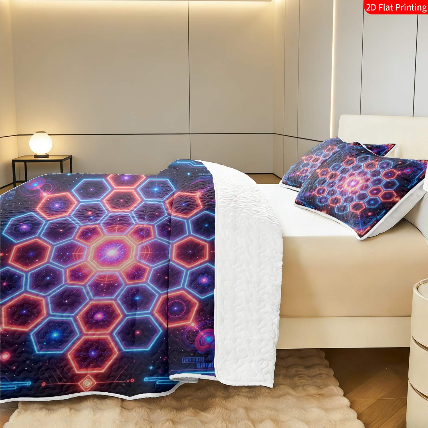 3 pcs, 2D Flat Print Neon Geometric Hexagon Bedspread Set, Soft and Comfortable, Multiple Sizes Available, Suitable for Gifting and Daily Use, Ideal for Creating a Cozy Home Atmosphere(1 bedspread , 2 pillowcases)