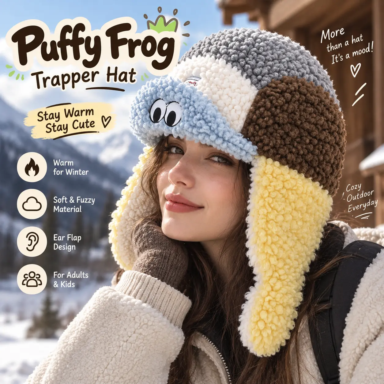 Cute Puffy Frog Plush Trapper Hat – Fuzzy Color Block Aviator Hat with Ear Flaps, Cozy Winter Hat for Women, Men & Kids, Parent-Child Matching Style