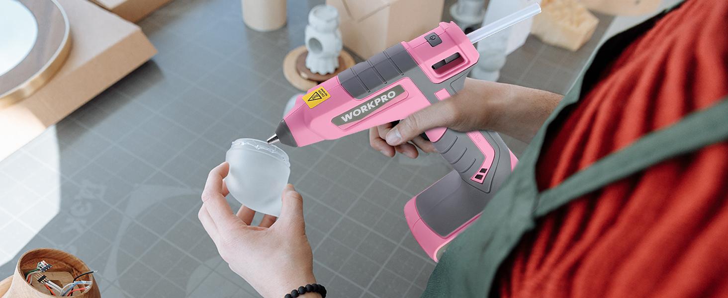 #SpringGlowUp WORKPRO Pink Cordless Hot Melt Glue Gun, 7.2V Rechargeable Fast Preheating Glue Gun Kit with 20 Pc Premium Mini Glue Stick, Automatic-Power-Off Glue Gun for Art, Craft, Decoration - Pink Ribbon
