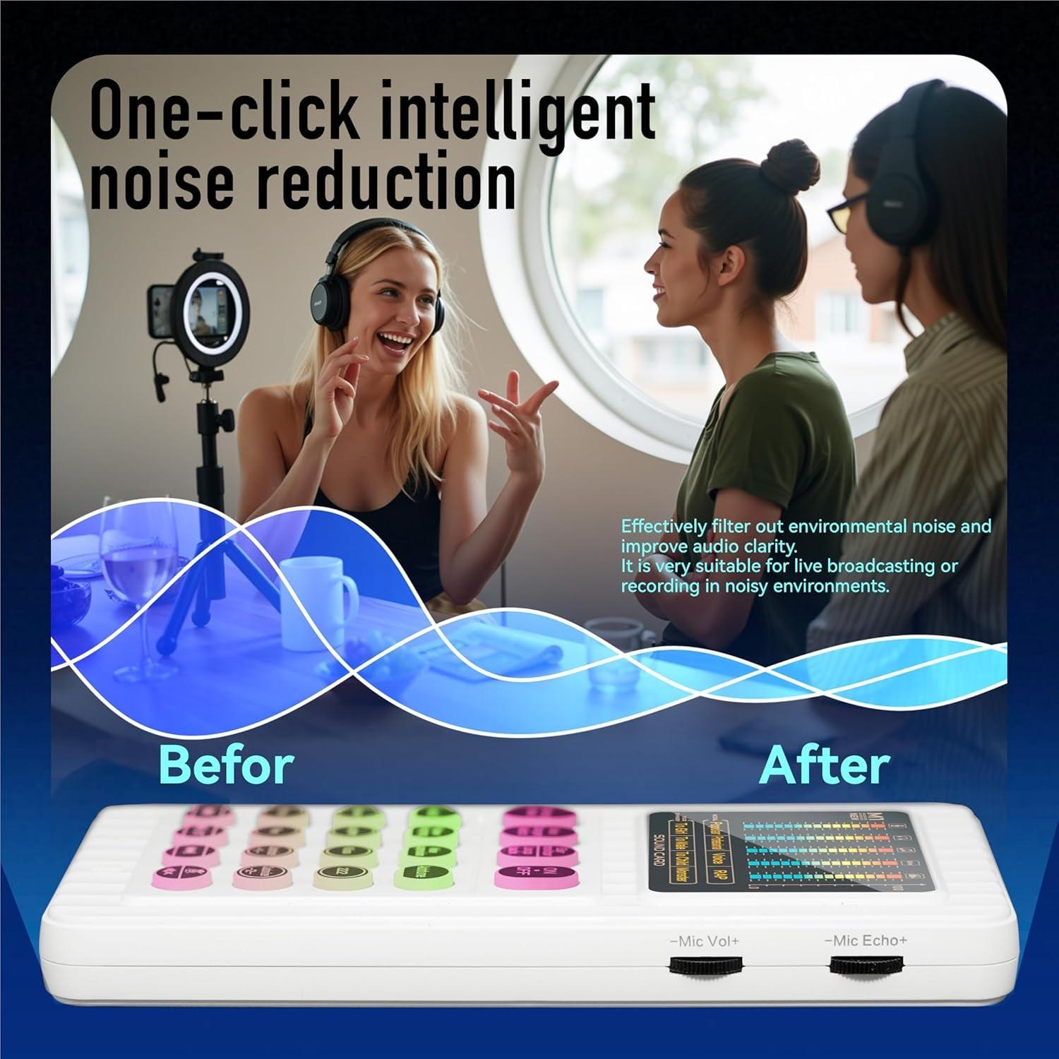 Portable Handheld Sound Card Set, Mini Audio Mixer with 12 Sound Effects, Real-Time Voice Change, Reverb & Vocal Enhancement, Bluetooth/AUX/Type-C/iOS Compatible, Condenser Mic & Monitor Headphone Bundle for PC Mobile Phone, Perfect for Podcast, Singing,