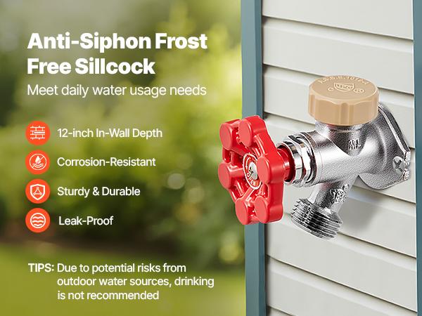 VEVOR Anti-Siphon Frost-Proof Sillcock, 12 Freeze Proof Outdoor Faucet Bib with Backflow Preventer, 1/2 Push-to-Fit Connector X 3/4 Hose Bibb, No Lead Frost-free Spigot for PEX Copper CPVC Pipes