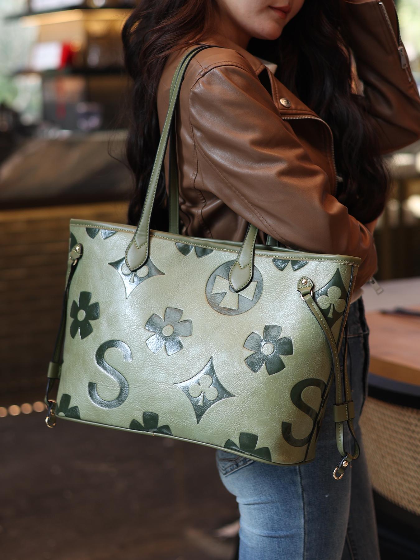Women's Elegant Floral Embossed Tote Bag & Wristlet, Large Capacity Shoulder Bag, Fashionable Handbag Set for Daily Use