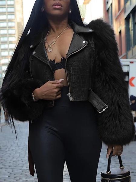 Women's Patchwork Faux Fur Jacket, Crocodile Texture Zipper Design, Casual Biker Style, All Seasons Wear, Stylish & Luxurious Look
