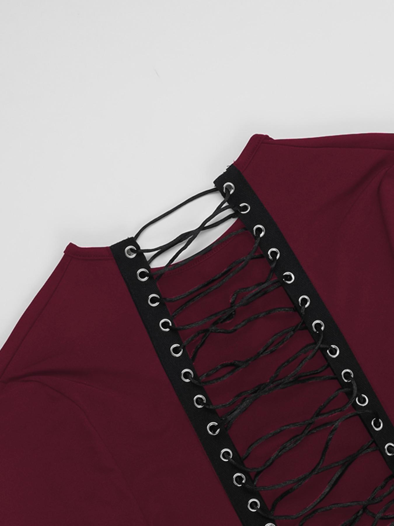 Women's Lace Up Backless Bodycon Dress, Solid Long Sleeve Round Neck Mini Dress for Party Club Dating Wear, Ladies Spring & Fall Clothes, Womenswear